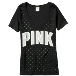 EUC VICTORIA SECRET PINK BLACK RHINESTONE STUDDED SILVER GLITTER LOGO V NECK TEE